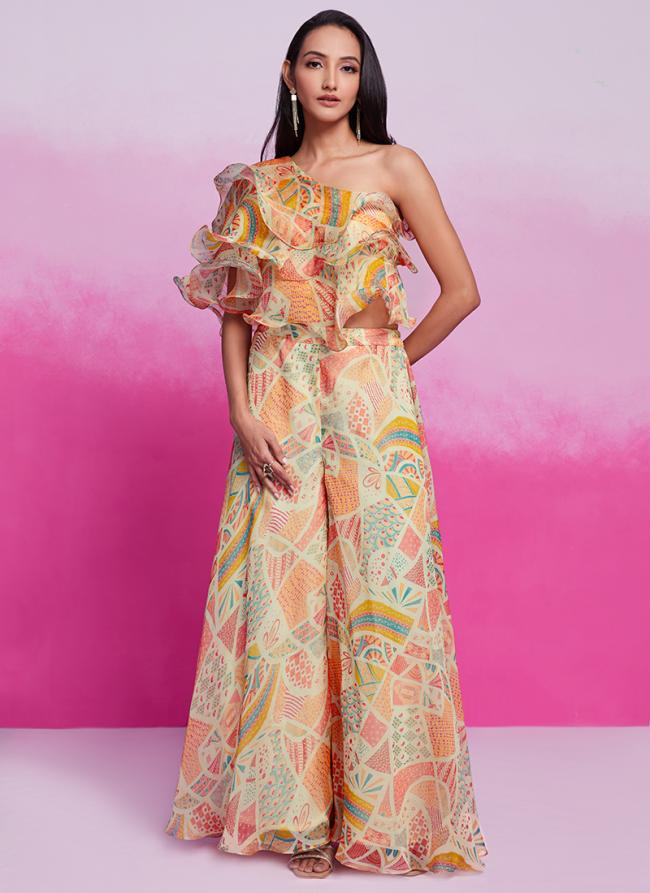 Organza Cream Party Wear Printed Readymade Indo Western